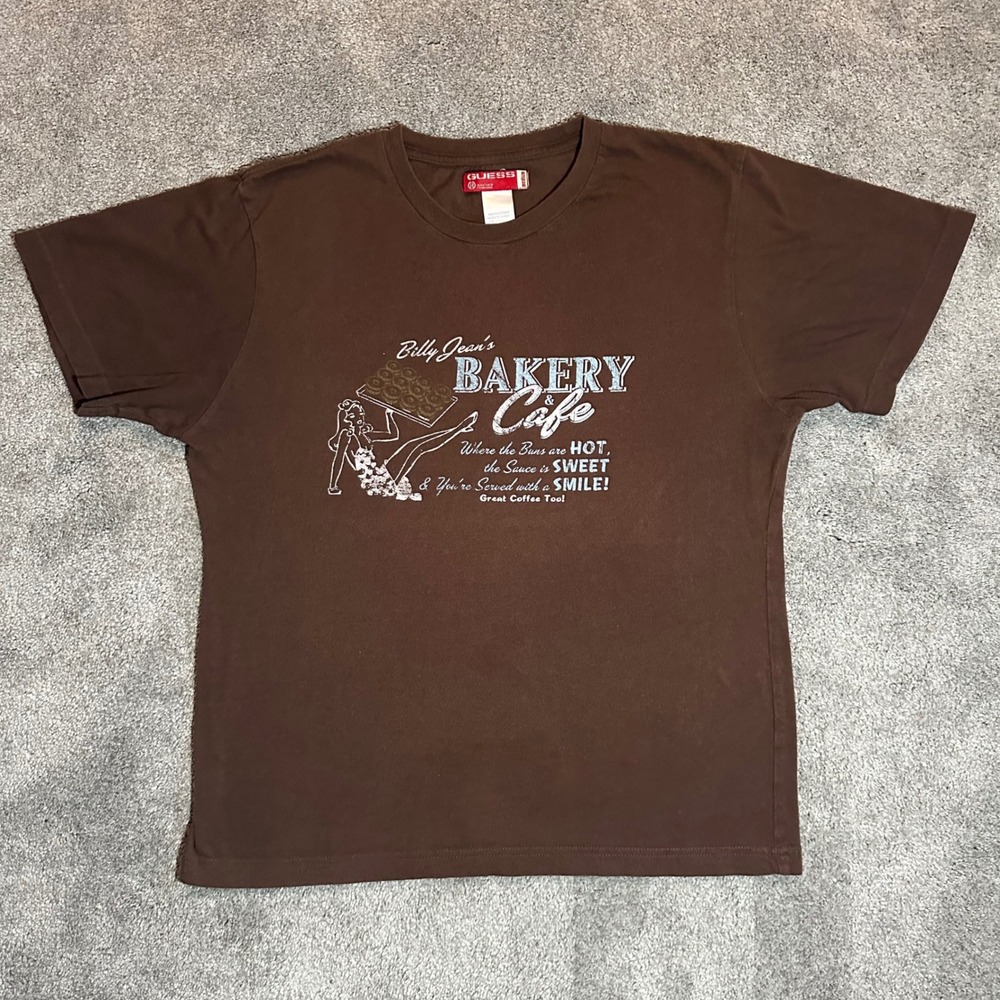 Guess T Shirt Womens Medium Brown Billy Jeans Bakery Cafe Pinup Graphic Tee